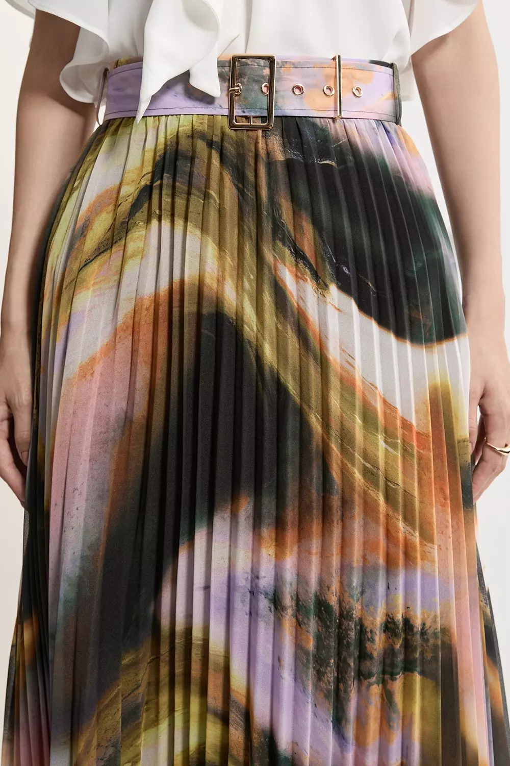 Georgette Belted Pleat Woven Midi Skirt | Karen Millen