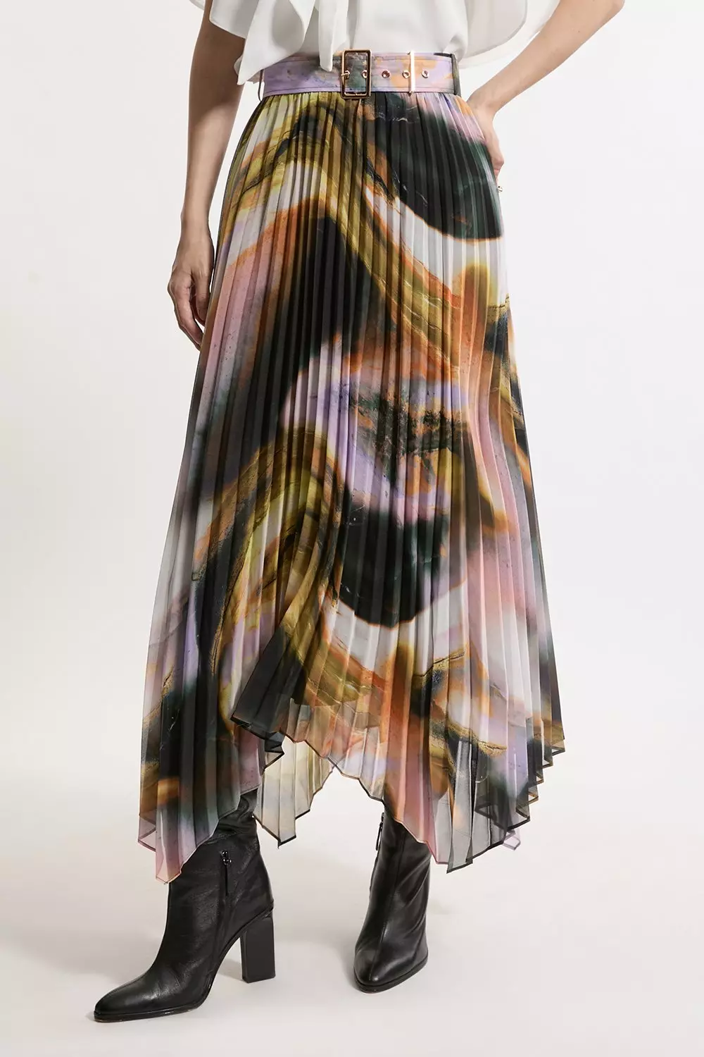 Georgette Belted Pleat Woven Midi Skirt | Karen Millen