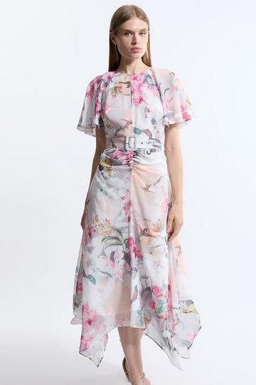 Multi Georgette Floral Belted Woven Midi Dress