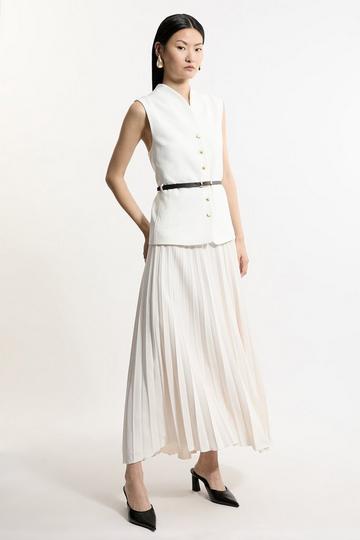 Compact Stretch Fluid Tailored Belted Pleated Full Skirt Midaxi Dress ivory