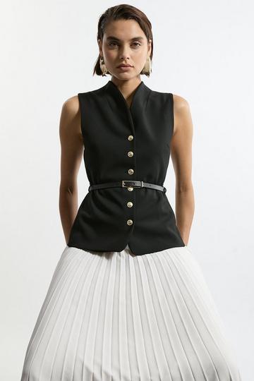 Compact Stretch Fluid Tailored Belted Pleated Full Skirt Midaxi Dress mono