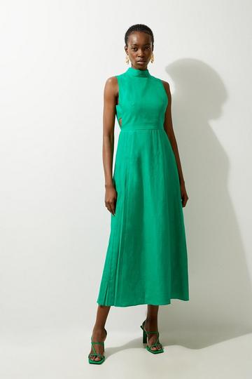 Green Tailored Premium Linen Pleated Panel Midaxi Dress