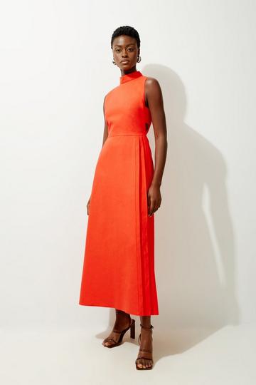 Red Tailored Premium Linen Pleated Panel Midaxi Dress