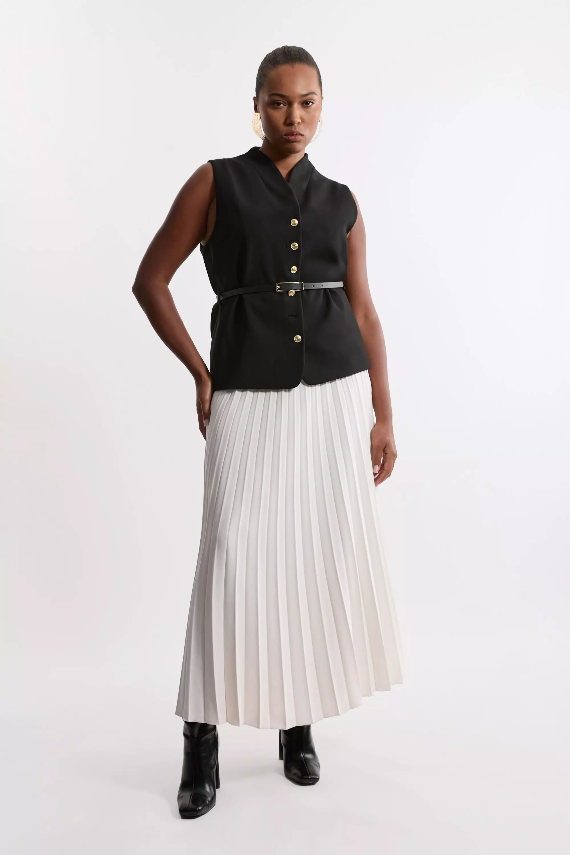 Plus Size Compact Stretch Fluid Tailored Belted Pleated Full