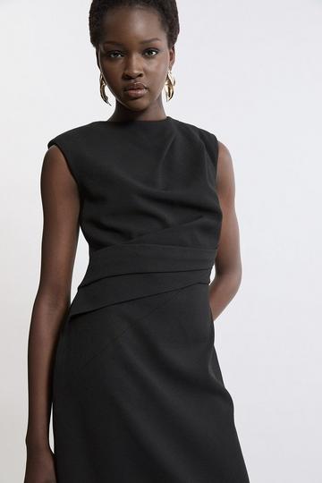 Black Structured Crepe Asymmetric Drape Waist Tailored Midi Dress