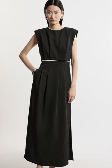 Black Twill Pintuck Strong Shoulder Woven Midi Dress