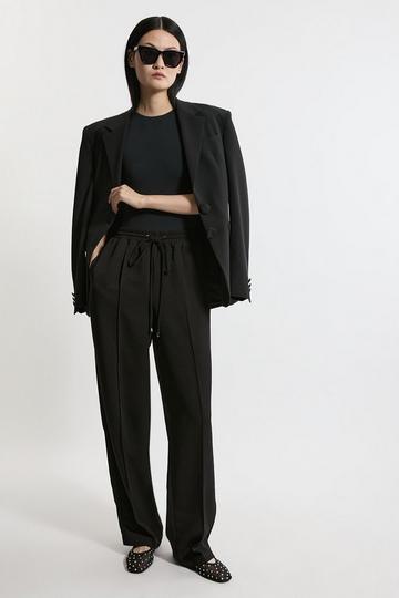 Black Twill Tie Waist Woven Straight Leg Trouser