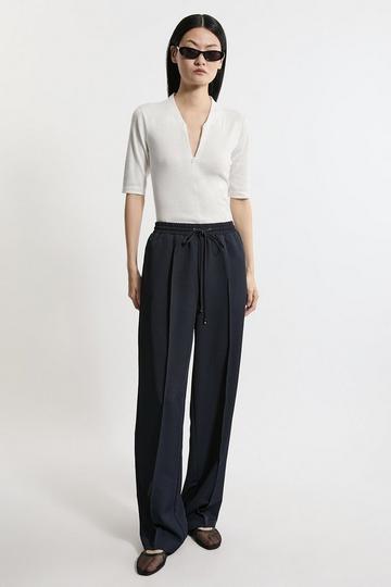 Navy Twill Tie Waist Woven Straight Leg Pants