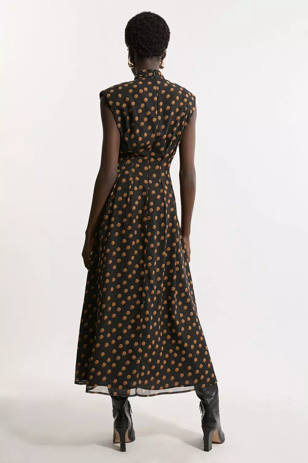 Black Georgette Spot Pintuck Waist Woven Midi Dress alternative image