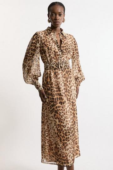 Georgette Belted Leopard Woven Shirt Dress leopard