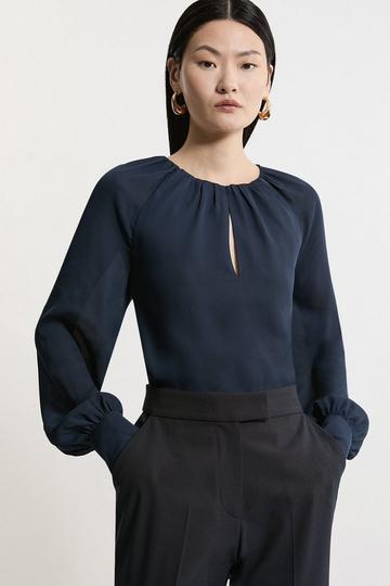 Navy Georgette Balloon Sleeve Woven Blouse