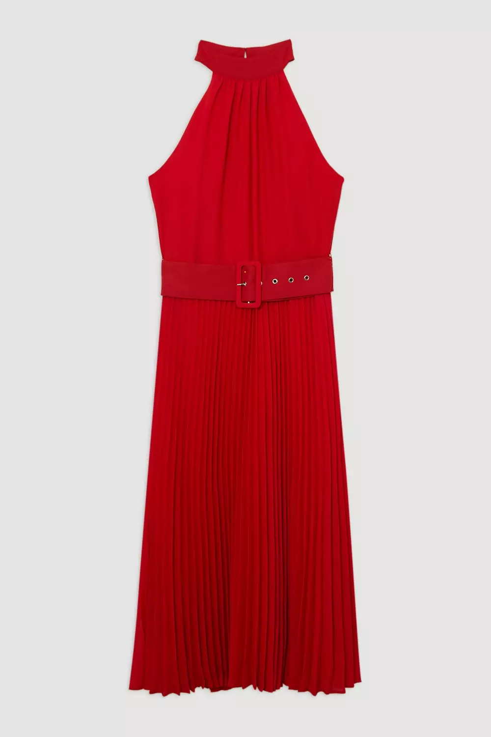 Georgette Belted Pleat Halter Woven Midi Dress | Karen Millen