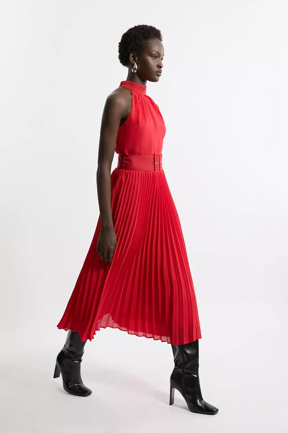 Georgette Belted Pleat Halter Woven Midi Dress | Karen Millen