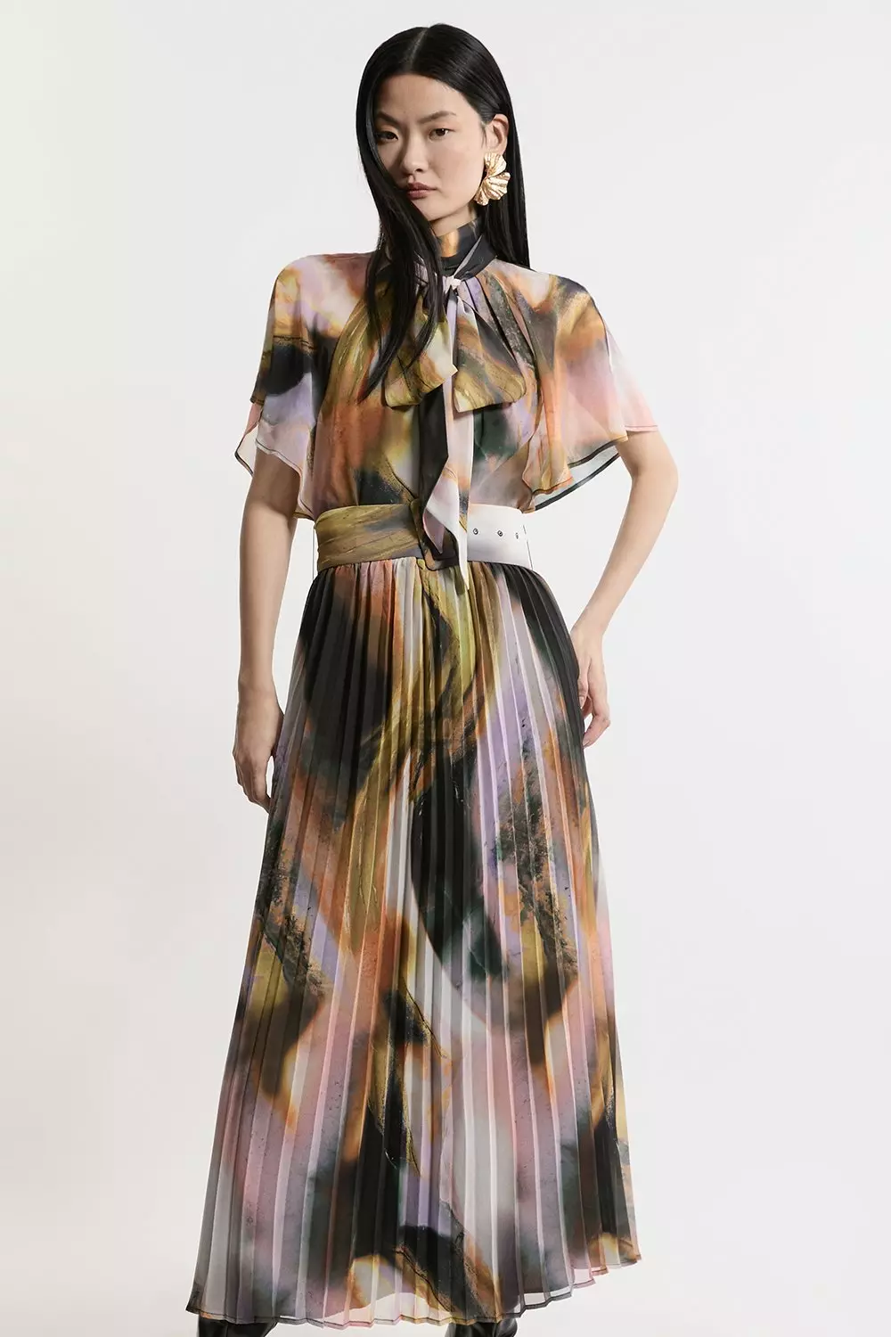 Multi Abstract Pussy Bow Tie Georgette Belted Woven Midi Dress  alternative image