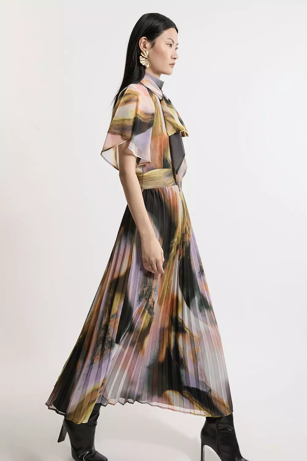 Multi Abstract Pussy Bow Tie Georgette Belted Woven Midi Dress  alternative image
