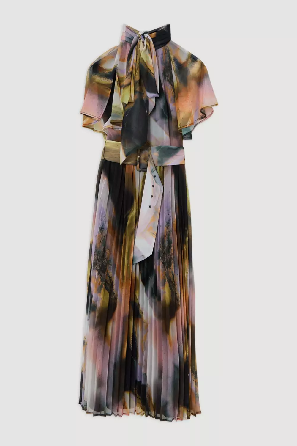 Multi Abstract Pussy Bow Tie Georgette Belted Woven Midi Dress  alternative image
