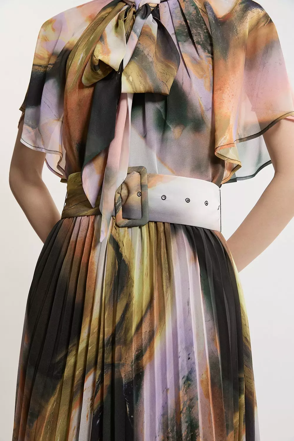 Multi Abstract Pussy Bow Tie Georgette Belted Woven Midi Dress  alternative image