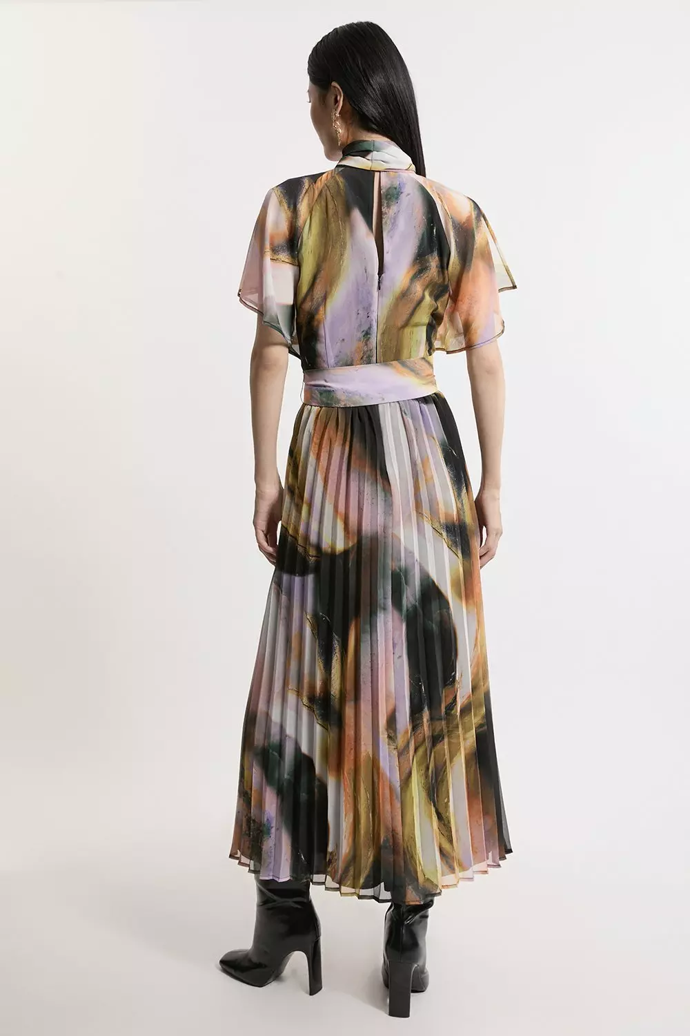 Multi Abstract Pussy Bow Tie Georgette Belted Woven Midi Dress  alternative image