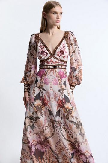 Placed Floral Embroidered And Beaded Woven Midi Dress multi