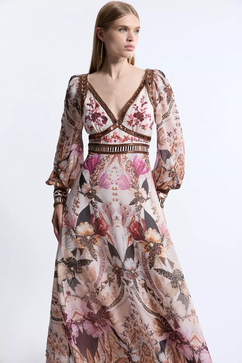 Placed Floral Embroidered And Beaded Woven Midi Dress Karen Millen