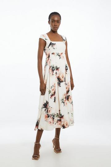 Satin Floral Tailored Square Neck Full Skirted Midi Dress floral