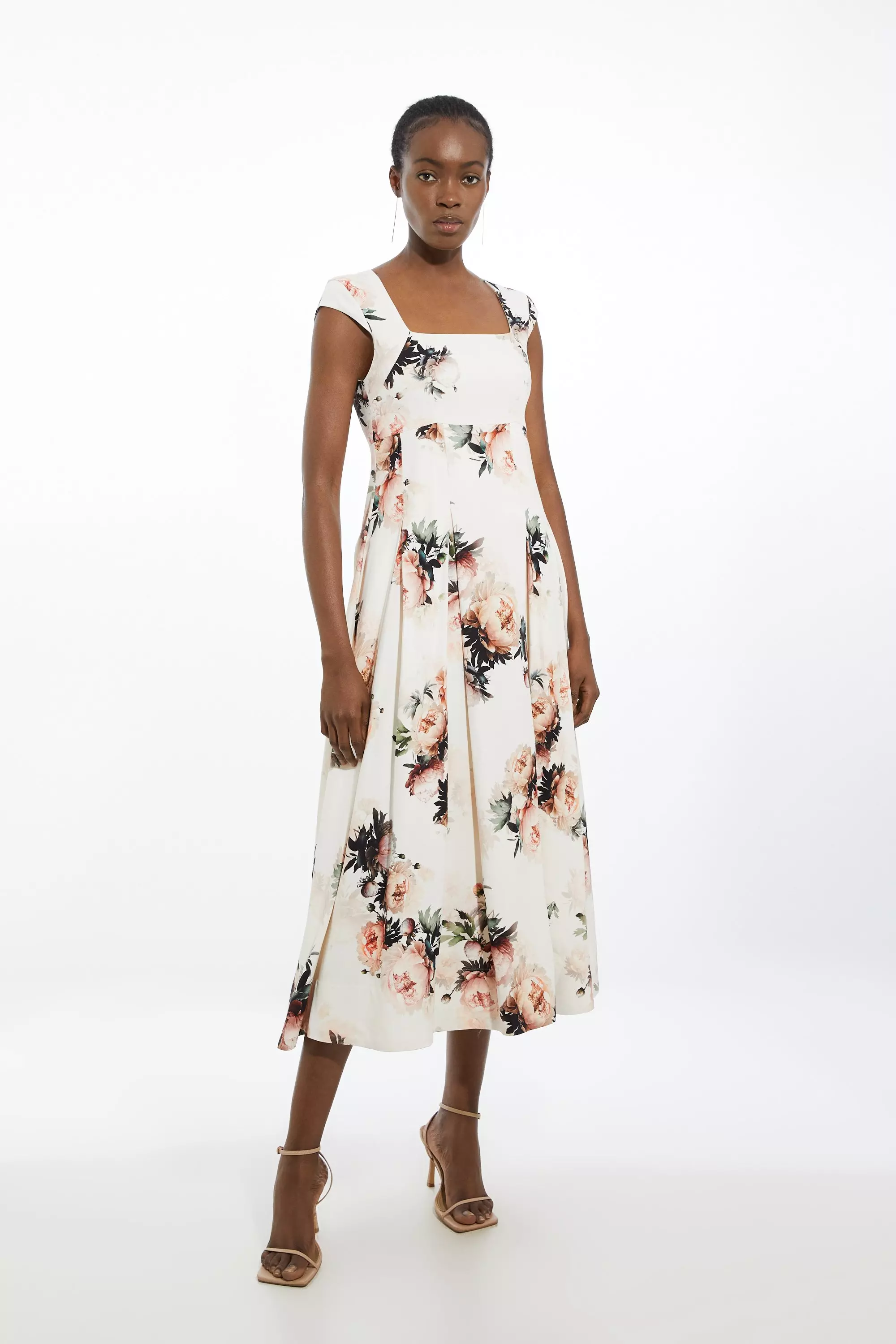 Floral Viscose Satin Back Crepe Peony Tailored Square Neck Full Skirted Midi Dress alternative image