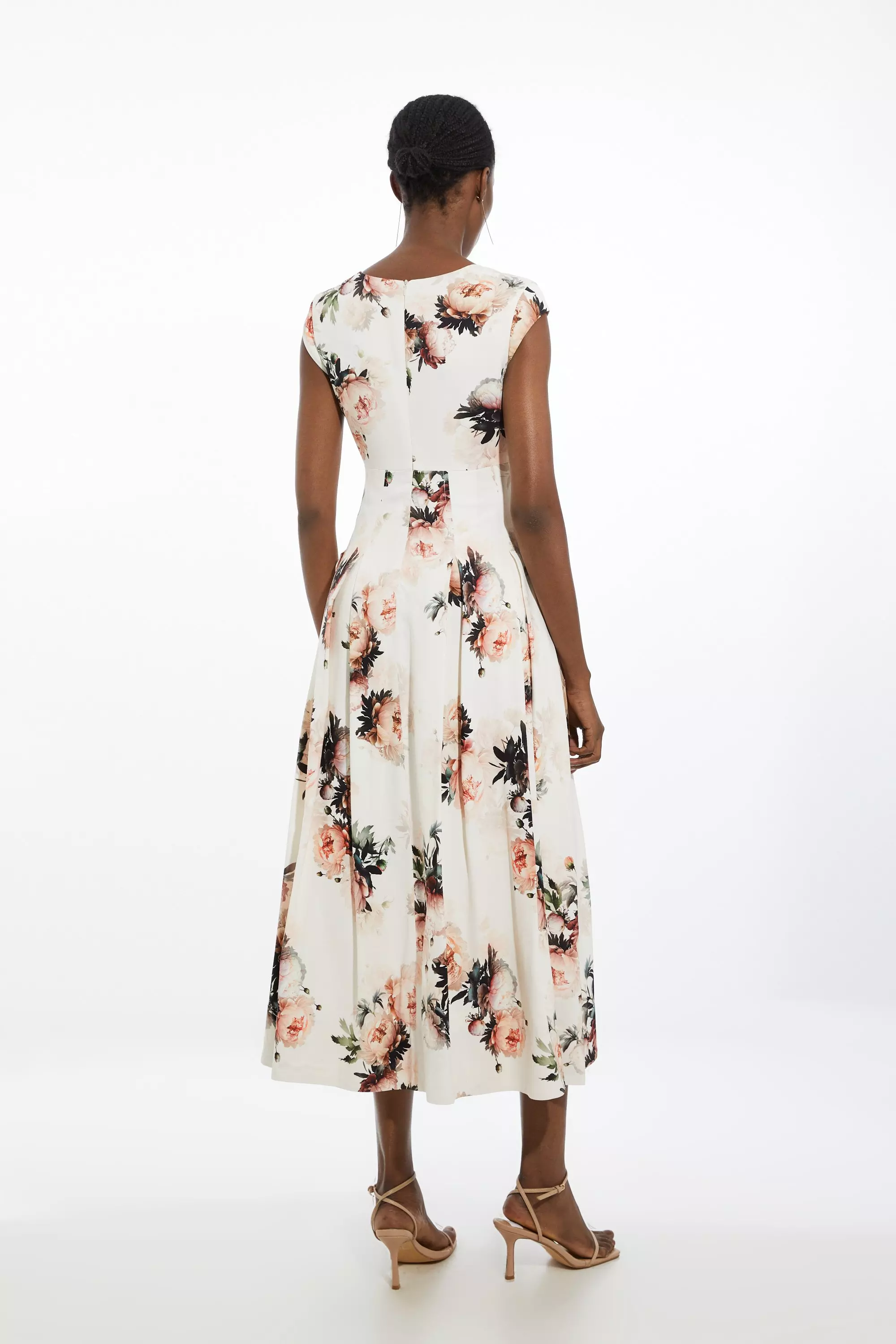 Floral Viscose Satin Back Crepe Peony Tailored Square Neck Full Skirted Midi Dress alternative image