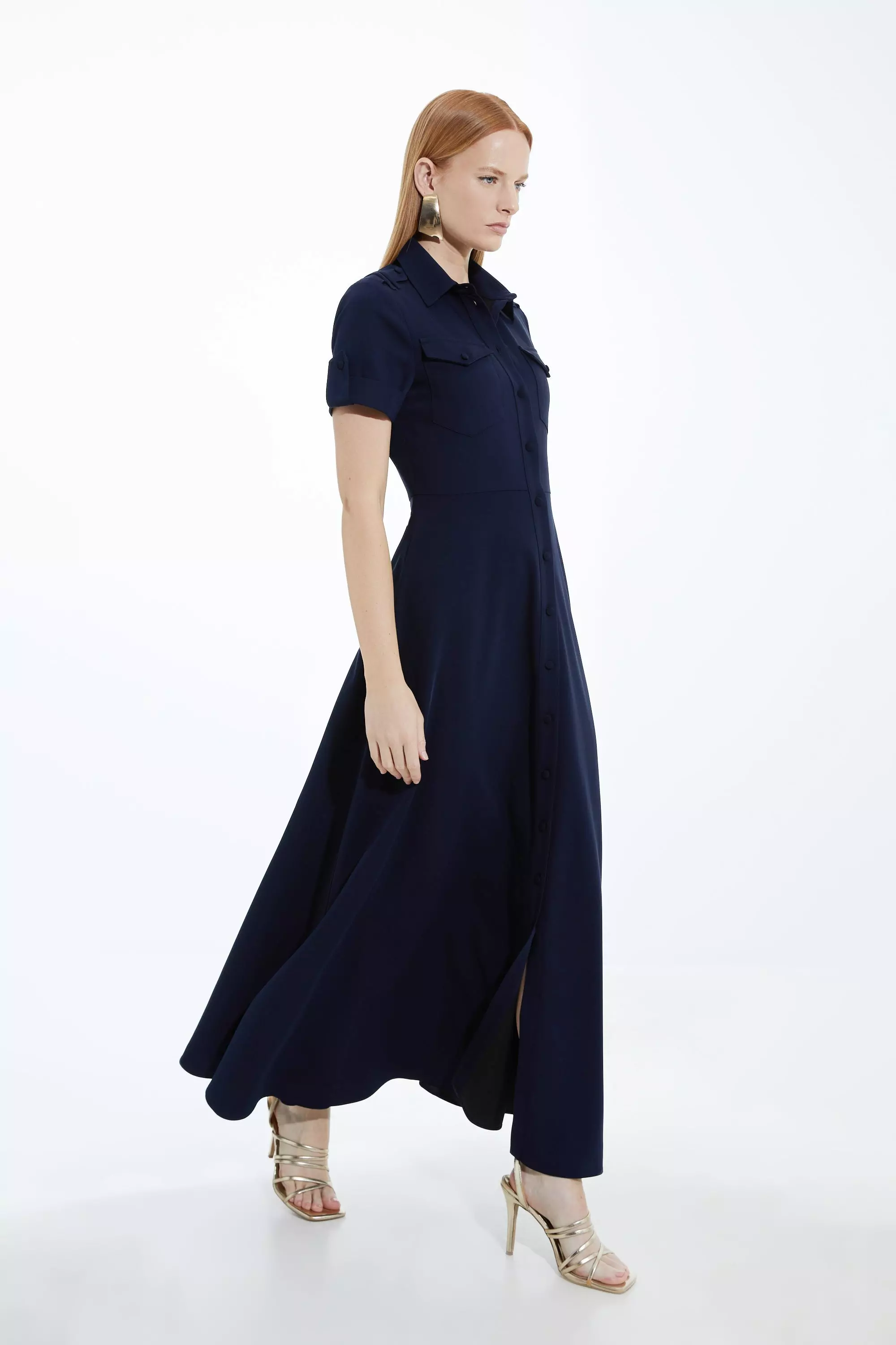 Karen Millen Womens Soft Tailored Utility Shirt Midi Dress Navy Size 2