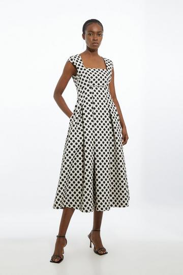 Spotty Jacquard Tailored Square Neck Full Skirted Midi Dress mono