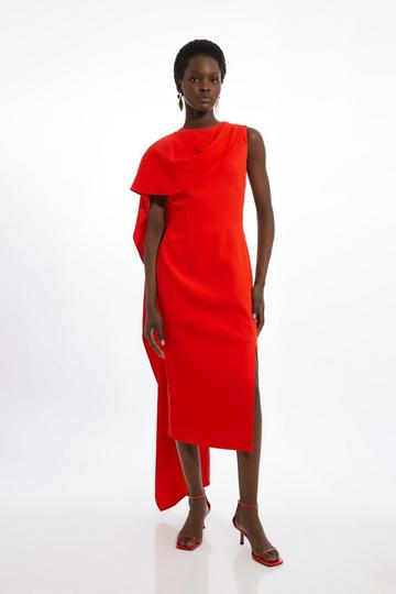 Petite Compact Stretch Viscose Asymmetric Draped Midi Dress tomato red