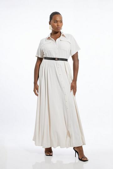 Plus Size Soft Tailored Pleat Panel Midi Shirt Dress ivory