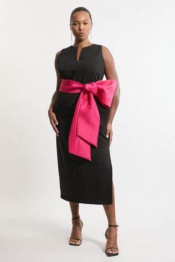 Plus Size Clean Tailored Taffeta Contrast Bow Tie Waist Midi Dress black