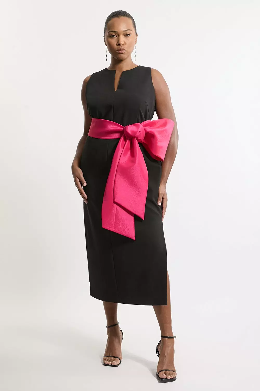 Plus Size Clean Tailored Taffeta Contrast Bow Tie Waist Midi Dress Karen Millen