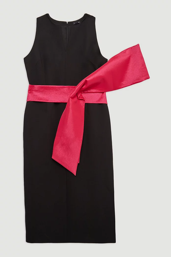 Plus Size Clean Tailored Taffeta Contrast Bow Tie Waist Midi Plus Size Clean Tailored Taffeta Contrast Bow Tie Waist Midi