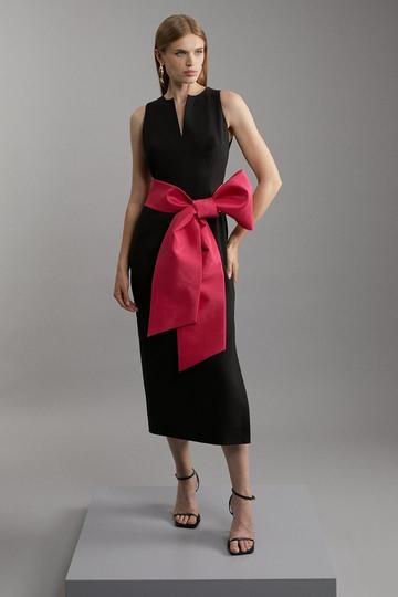 Clean Tailored Taffeta Contrast Bow Tie Waist Midi Dress black