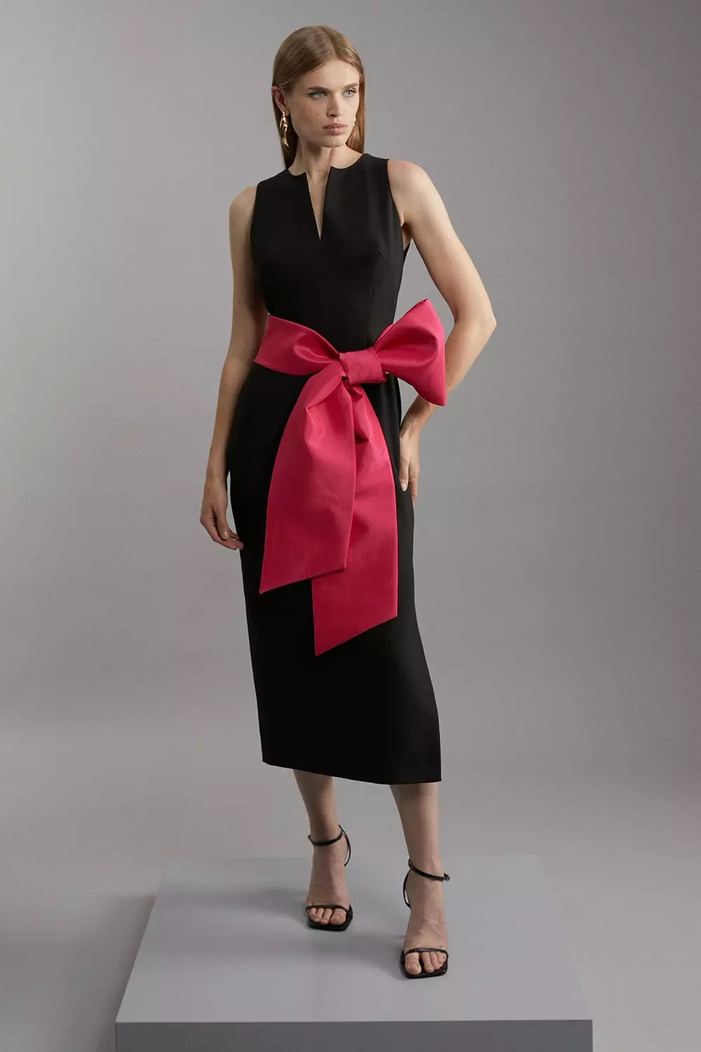 Clean Tailored Taffeta Contrast Bow Tie Waist Midi Dress Karen Millen