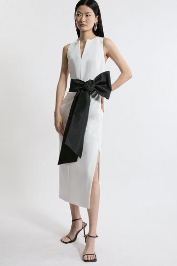 Clean Tailored Taffeta Contrast Bow Tie Waist Midi Dress ivory