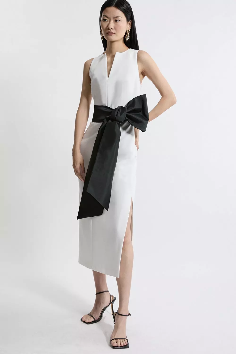 Ivory Clean Tailored Taffeta Contrast Bow Tie Waist Midi Dress alternative image