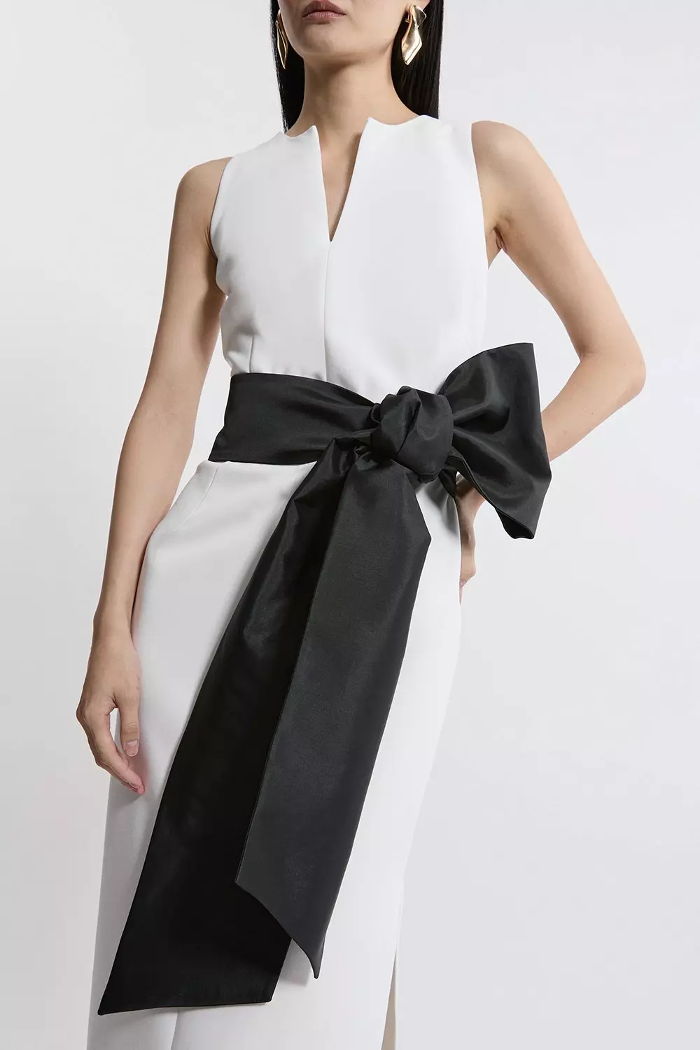 Ivory Clean Tailored Taffeta Contrast Bow Tie Waist Midi Dress alternative image