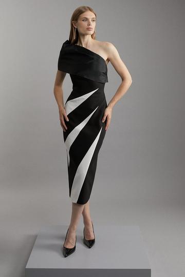 Clean Tailored Taffeta One Shoulder Panel Midi Dress mono