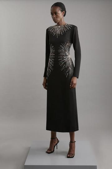 Black Beaded And Embellished Ponte Jersey Midi Dress