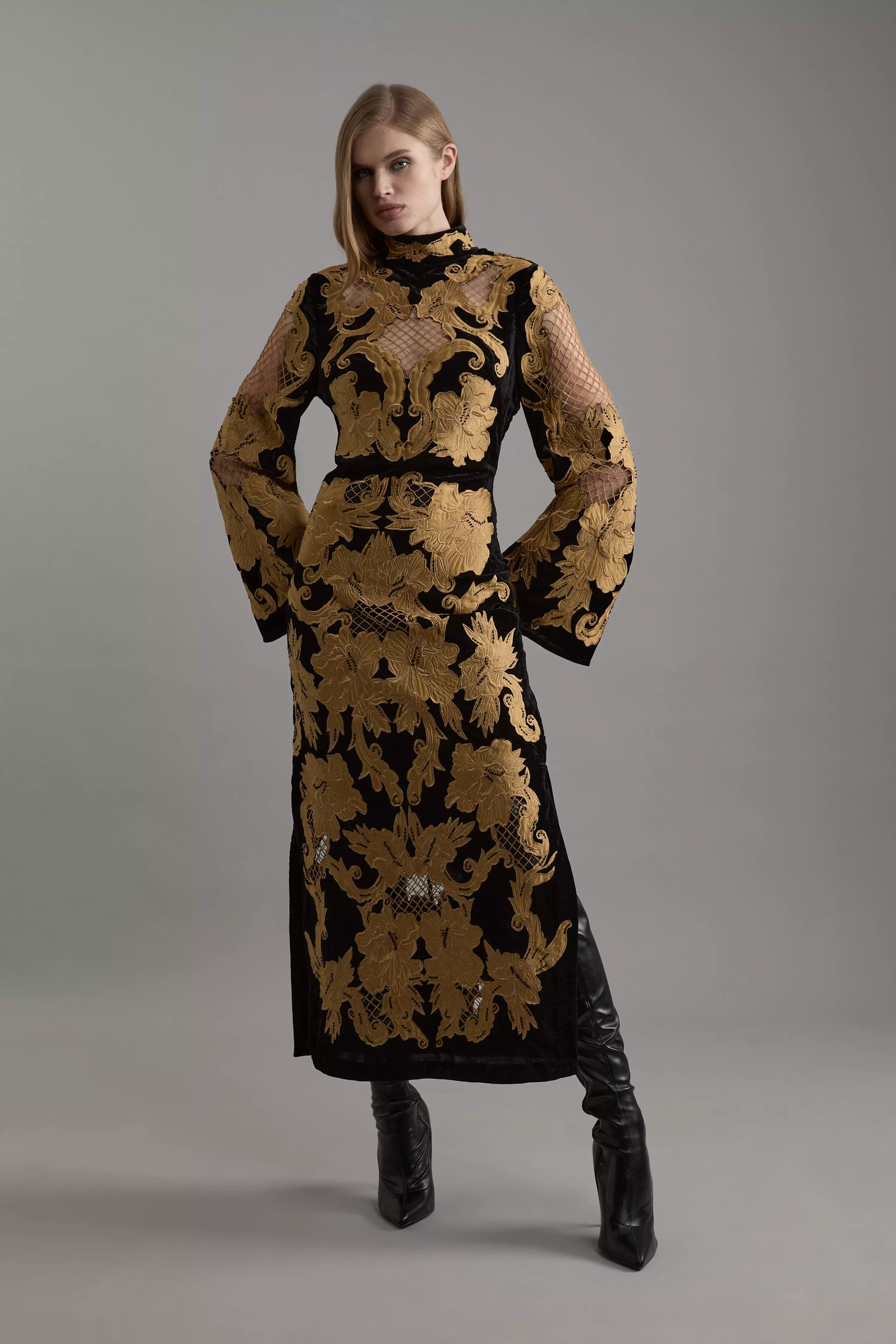Black Velvet Applique & Beaded Woven Column Midi Dress alternative image