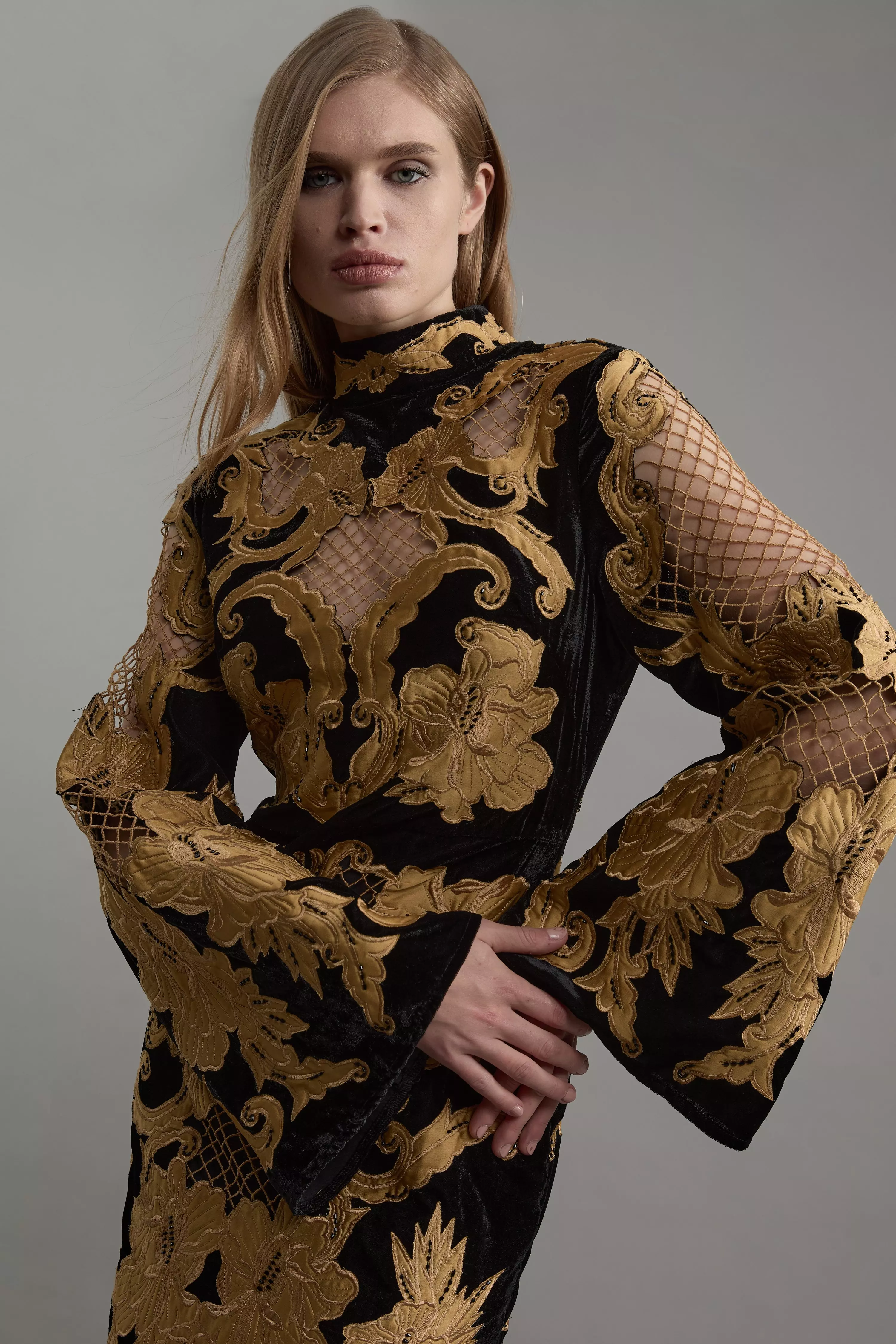 Black Velvet Applique & Beaded Woven Column Midi Dress alternative image