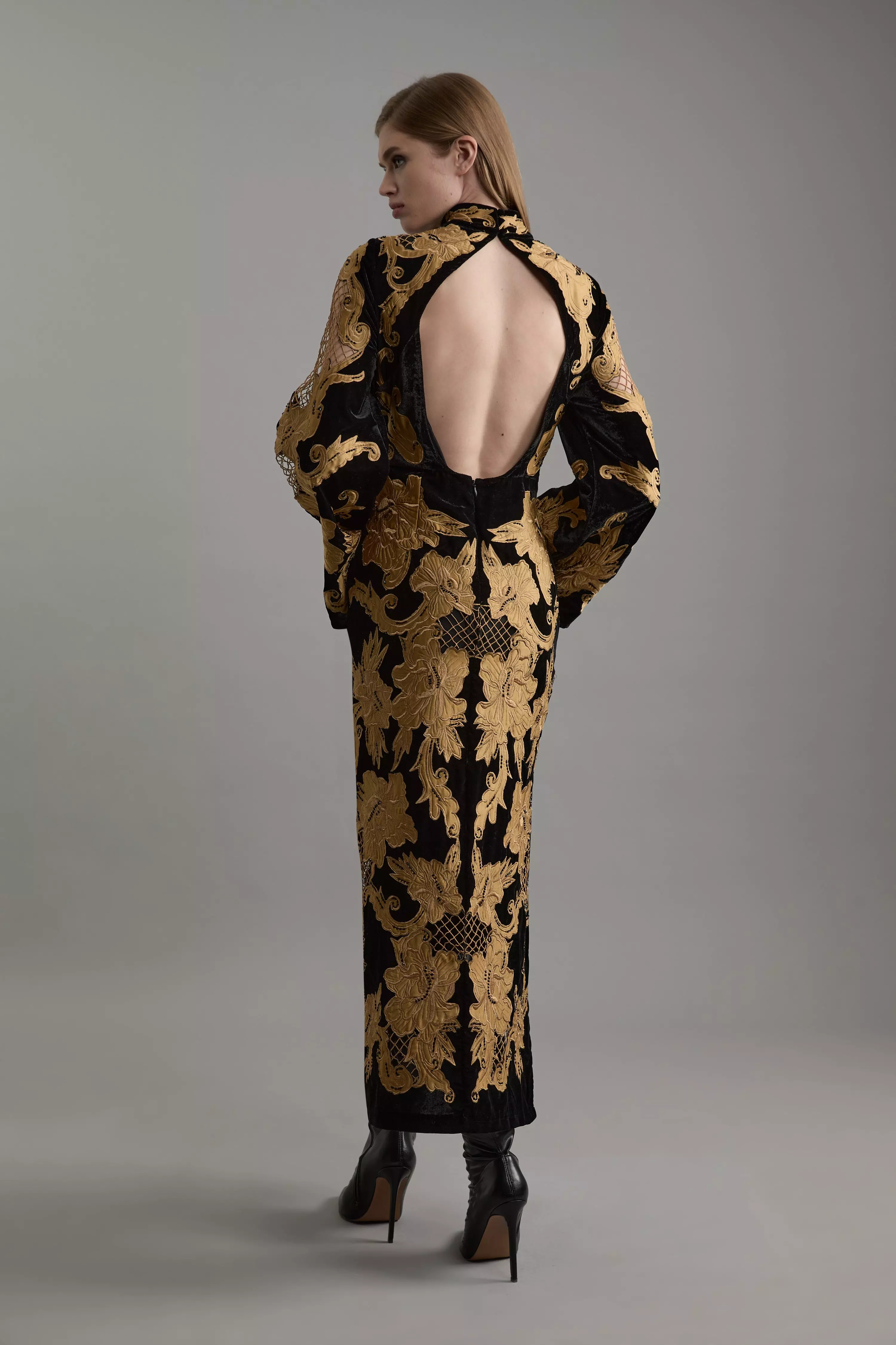 Black Velvet Applique & Beaded Woven Column Midi Dress alternative image