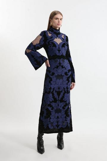 Velvet Applique & Beaded Woven Column Midi Dress cobalt