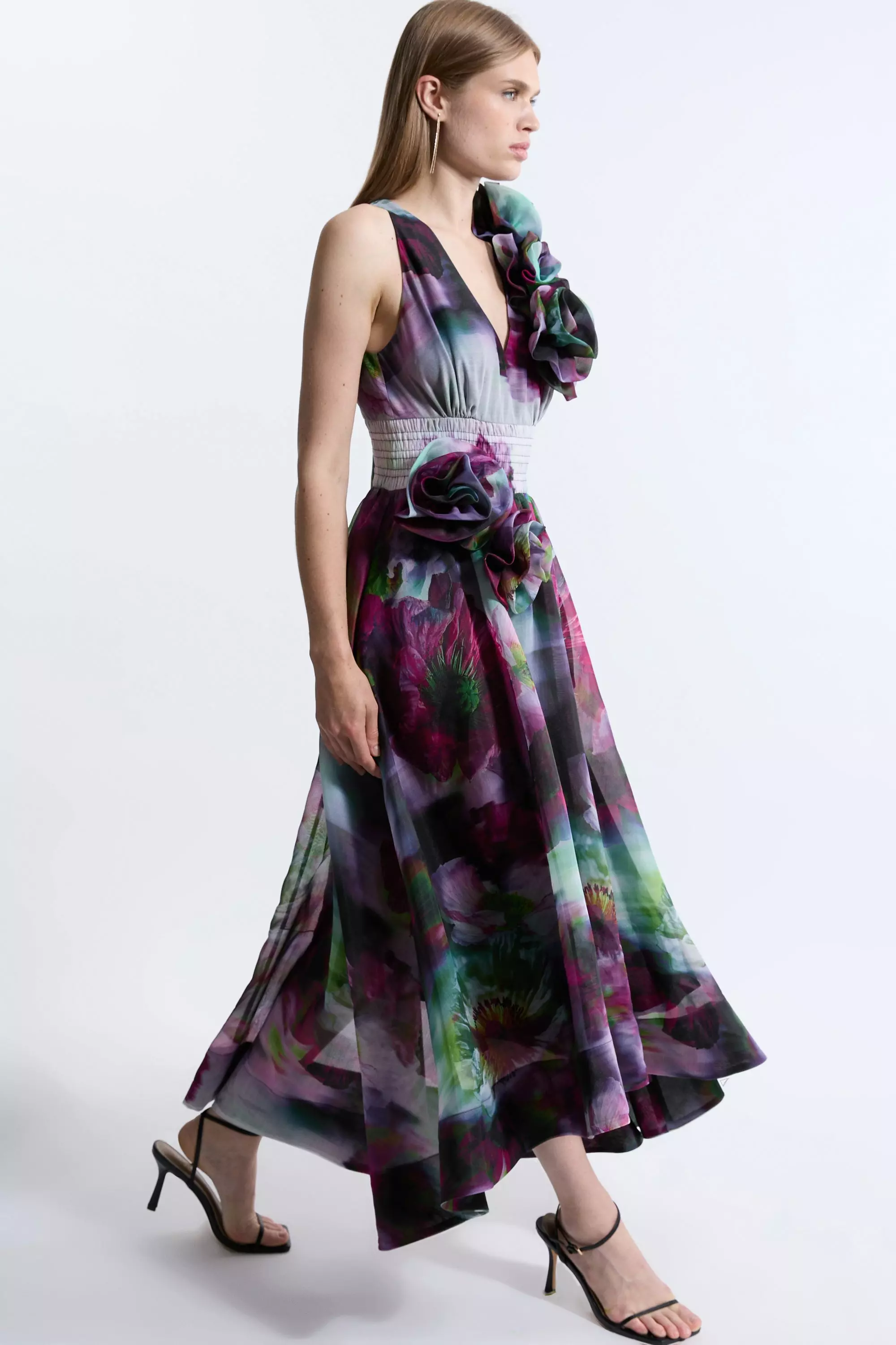 Petite Blurred Floral Organdie Rosette Detail Midaxi Dress alternative image