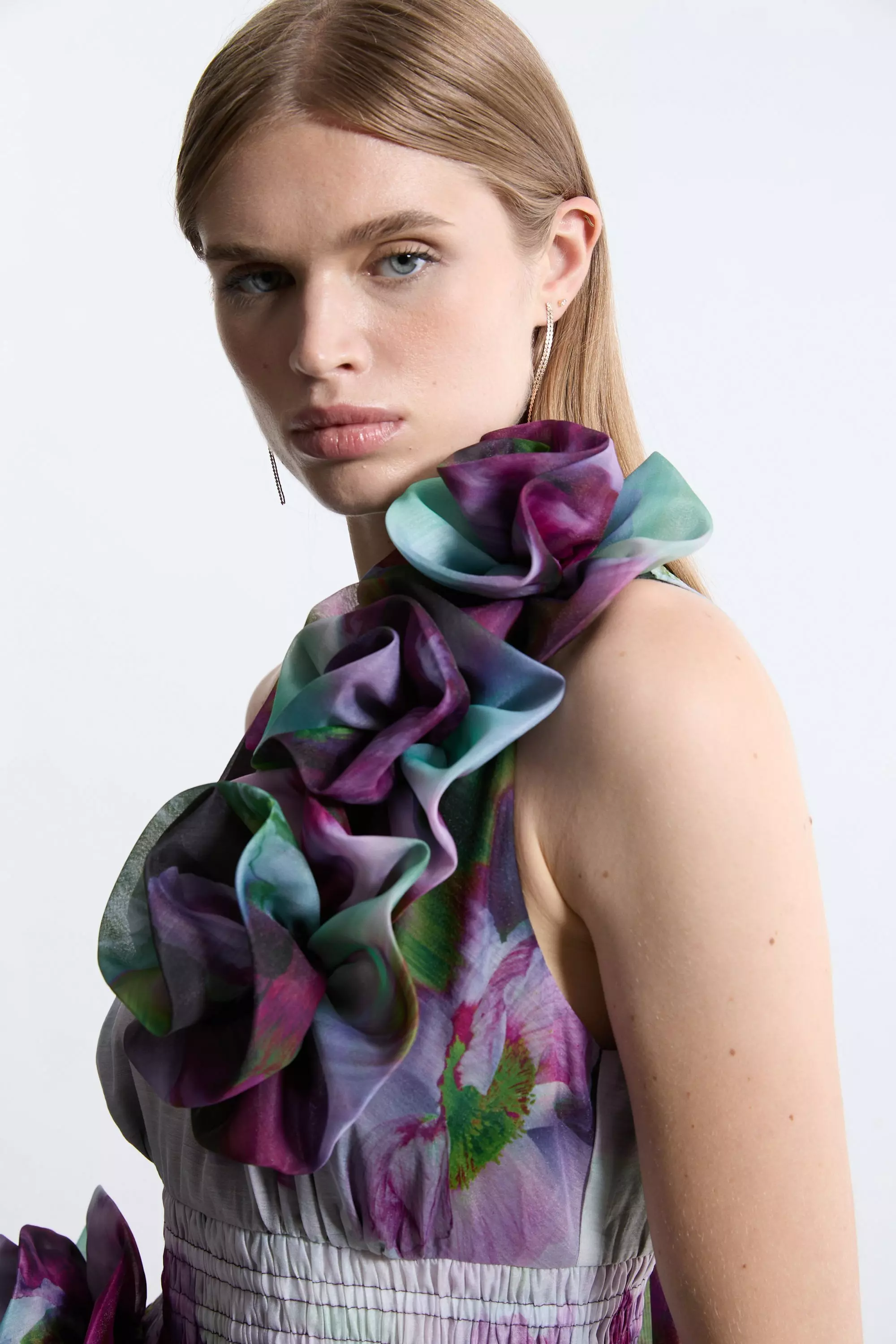 Petite Blurred Floral Organdie Rosette Detail Midaxi Dress alternative image