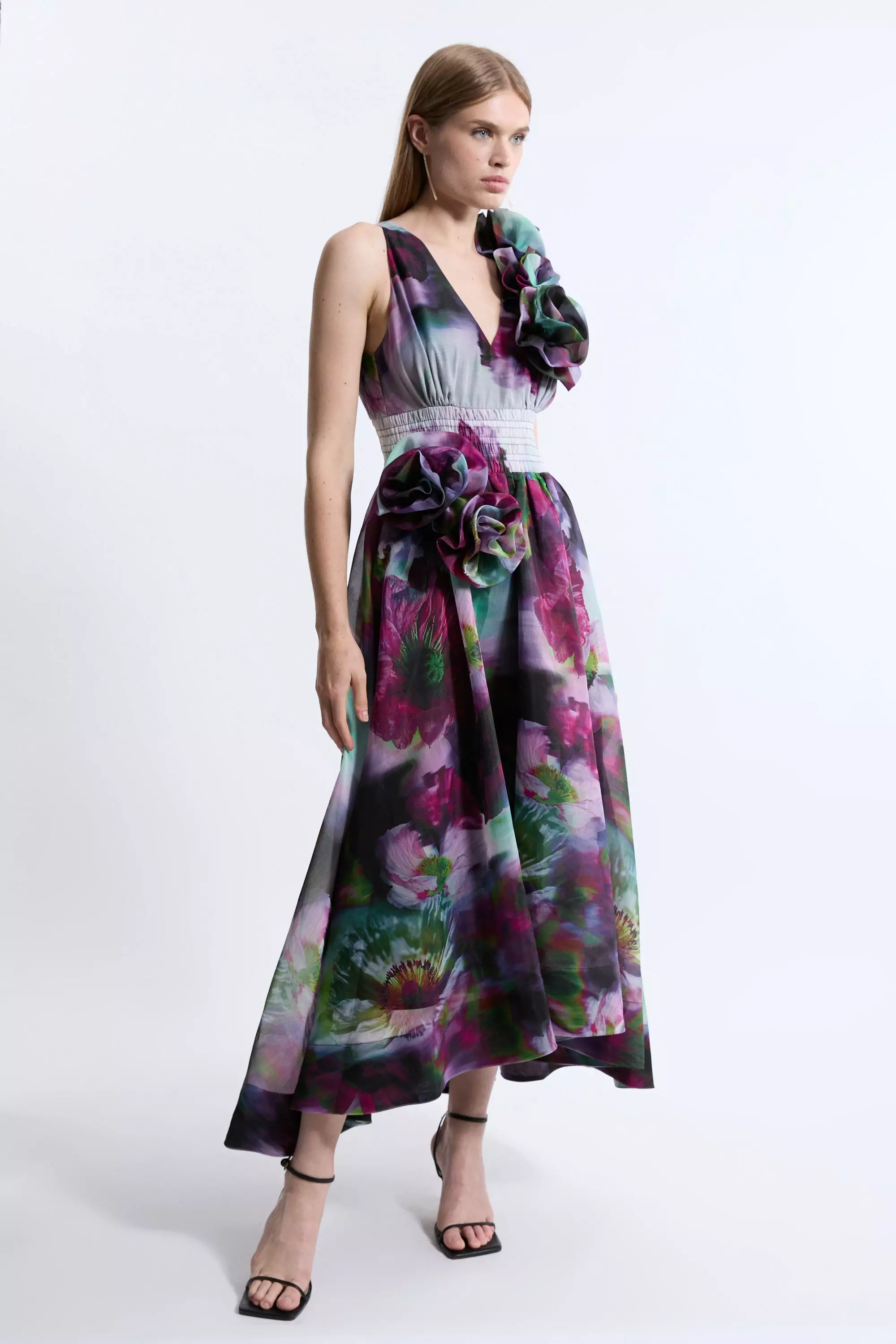 Petite Blurred Floral Organdie Rosette Detail Midaxi Dress alternative image