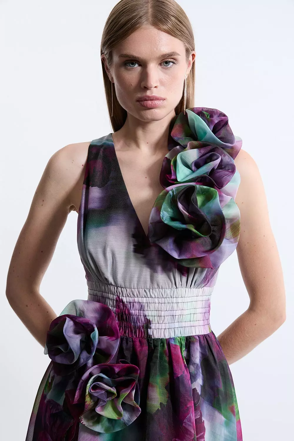 Petite Blurred Floral Organdie Rosette Detail Midaxi Dress alternative image
