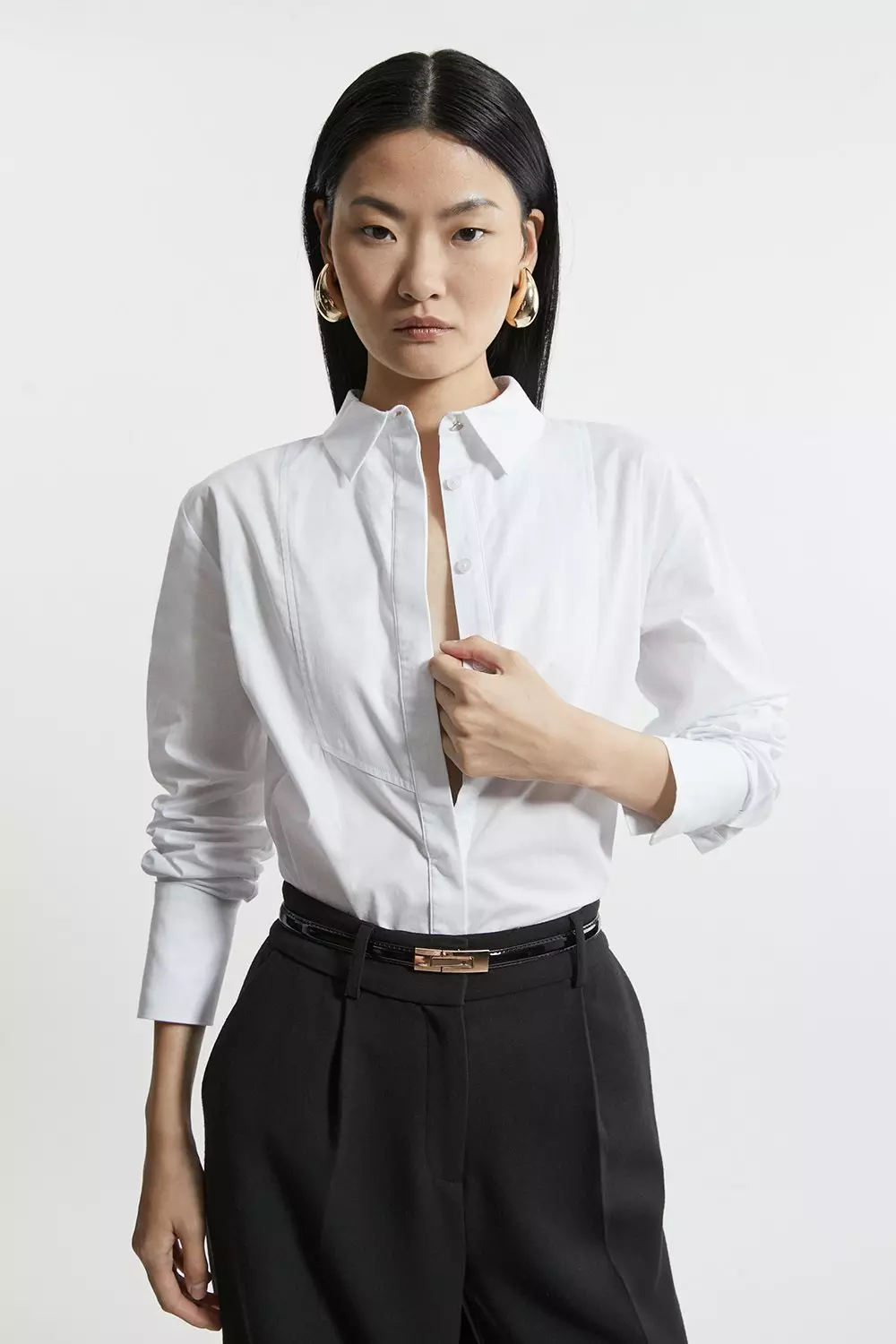 KAREN MILLEN 日本未入荷 スタリオン シルク シャツ 襟 ベルト Cotton Poplin Striped Bib Detail Woven Shirt | Karen Millen